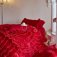 Parure de lit de luxe de style américain, rouge vif, pour cérémonie de mariage, en dentelle et jacquard de pur coton