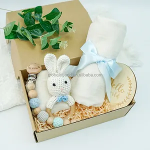 Natural Crochet Deer Teether Baby Toy Rattle Forest Friends Baby Girl Gift Box With baby Swaddle Blanket Set Pacifier Clip