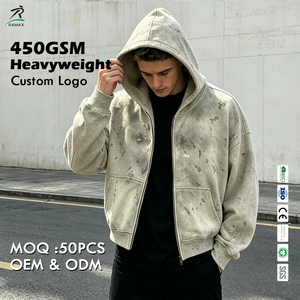 Sweat à capuche court zippé pour homme, style streetwear, effet éclaboussures de peinture personnalisées, délavé vintage, effet usé et effiloché, coupe carrée à épaules tombantes - Product Image 1