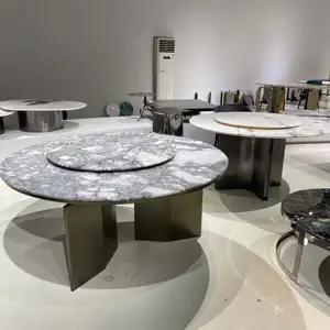 Set Meja Makan dengan Kaki Perak Meja Makan Marmer Abu-abu Set Meja Makan Mewah dengan 6 Kursi