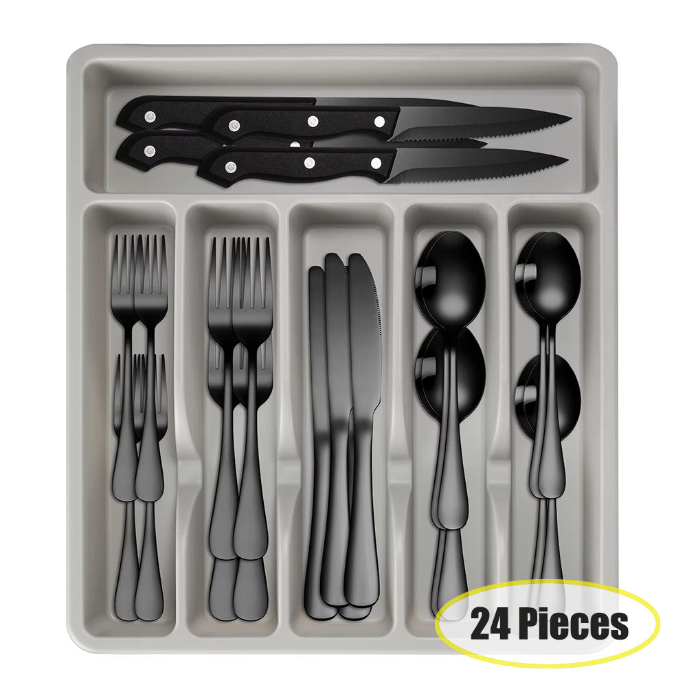 Gray Tray + 72Pcs Black Cutlery Set
