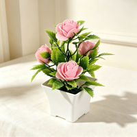 Rose artificielle en mousse faite à la main, écologique, en pot, avec feuilles de bonsaï, décoration de table intérieure pour la fête des Mères - Vente chaude
