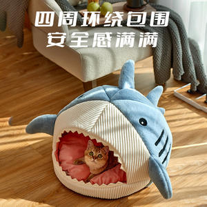 ที่นอนแมว ที่นอนสัตว์เลี้ยง ที่นอนสุนัข แบบปิด อุ่นสบาย นุ่มฟู ดีไซน์น่ารัก วัสดุใยฝ้าย PP คุณภาพสูง รูปทรงฉลาม ปลอดภัย ใช้ได้ทุกฤดู - Product Image 2