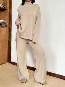 Verano nuevo Simple Retro suelto sin mangas de punto hombro Top pantalones de pierna ancha de punto conjunto de dos piezas para mujer - Product Image 2
