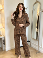 Pyjama décontracté et élégant en polyester à imprimé léopard, taille élastique, manches longues, pour femme, collection Printemps-Automne