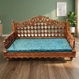 Chaise suspendue de patio extérieure en bois traditionnelle avec dossier sculpté et coussin turquoise pour 2 personnes, garantie 1 an - Product Image 1