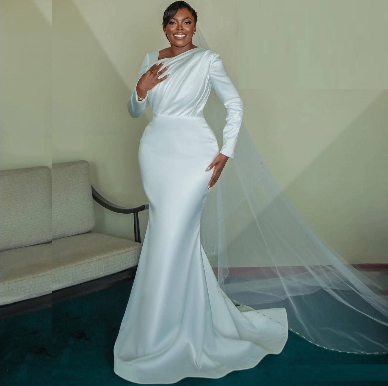 fitted lace wedding dress Plus Size Wedding Dress Lace Long Sleeves Satin Skirt  loveangeldress