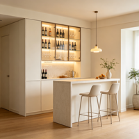 Meuble Bar à Vin Personnalisé avec Vitrine en Verre, Éclairage LED pour Verres à Pied, Éclairage Sous Meuble, Unité de Bar Crème, OEM ODM