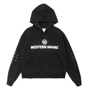 Sudadera <span class=keywords><strong>con</strong></span> <span class=keywords><strong>Capucha</strong></span> Negra Desgastada <span class=keywords><strong>con</strong></span> Logotipo para Hombre - Estampado Personalizado y Detalle de Ojales en las Mangas - Sudadera <span class=keywords><strong>con</strong></span> <span class=keywords><strong>Capucha</strong></span> Holgada de Estilo Urbano Informal - Product Image 1