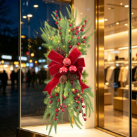 Guirlande de Noël classique en forme de larme avec nœud en velours rouge et pommes de pin, 60 cm, pour porte d'entrée ou mur