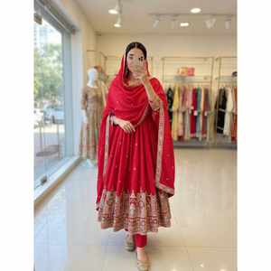 Robe Anarkali en coton brodé rouge avec dupatta, tenue de mariage traditionnelle indienne et pakistanaise, robe longue jusqu'aux chevilles pour femmes - Product Image 3