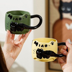 Wholesale Embossed Little Black cat Mugs Creative Cute Ceramic <b>Cups</b> Stacked <b>Cups</b> Milk Coffee Breakfast <b>Cups</b> - Product Image 5
