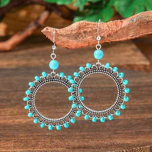 Juego de Pendientes Geométricos Bohemios, Aleación Plateada Antigua con Turquesa, Joyería para Mujer para Fiestas - Product Image 3
