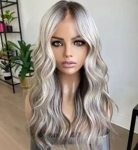 <span class=keywords><strong>Parrucca</strong></span> Premium Grigio Ombré con Frontale in Pizzo, Miscela di <span class=keywords><strong>Capelli</strong></span> Umani, Biondo Argento Lunga Ondulata per Donna - Product Image 1