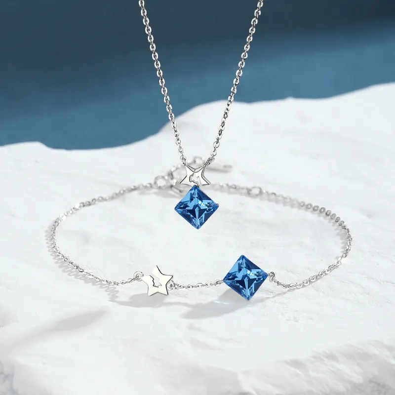 S925 Sterling Silver Austrian Crystal Gem gift Necklace women's Pendant Bracelet Ring Set
