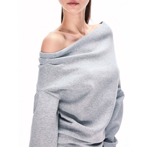 Sudadera informal de un solo hombro para mujer, 100% algodón, cómoda y suave, color gris, camiseta de manga larga para mujer - Product Image 2
