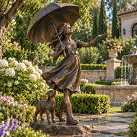 Statue de Fille en Bronze Parapluie, Sculpture de Jardin, Fontaine en Métal Cuivre