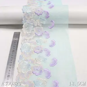 OEM Fresh 3D ricamo tessuto di pizzo 19CM gradiente blu rosa floreale ricamato bordo pizzo Trim tessuti a rete pizzo per le donne