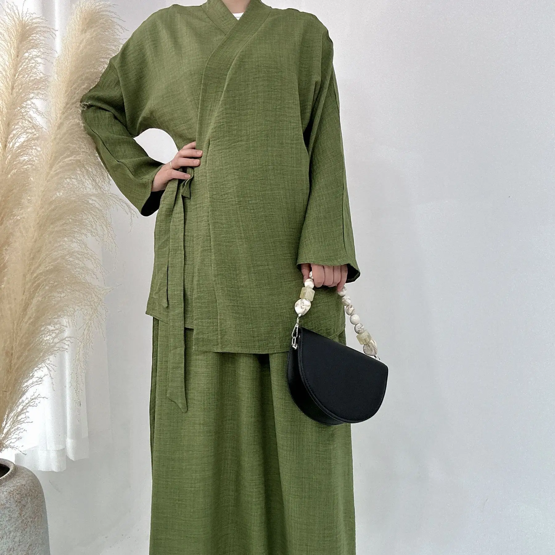 Muslim Women Prayer Clothing Islamic Clothing V-Neck Suit Casual Tie Middle East Dubai Top Half Skirt 2 Piece Set 7169