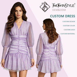 Mini Abito in Organza Trasparente <span class=keywords><strong>a</strong></span> Quadretti Stile Sweet Girly da Donna con Scollo <span class=keywords><strong>a</strong></span> V Profondo e Maniche Lunghe <span class=keywords><strong>a</strong></span> <span class=keywords><strong>Palloncino</strong></span>, Ideale per Vacanze Estive e Uso Quotidiano - Vendita all'Ingrosso - Product Image 1