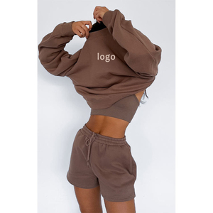 Conjunto de Sudadera con capucha y pantalones cortos de punto de mujer con cuello redondo de gran tamaño y logotipo personalizado, Sudadera corta informal para mujer - Product Image 1