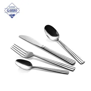 Wholesale Classic Line Pattern Handle Silver Machine Polished Tableware Stainless Steel Cutlery Set 24 For Restaurant Household