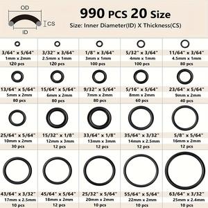 Kit de joints toriques en caoutchouc nitrile, 990 pièces, 20 tailles, joints métriques pour applications sur arbres et gaz - Product Image 2