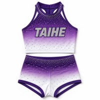 Ensemble de cheerleading pour femmes adultes, imprimé, en laine/soie, avec crop top dos nu et short taille haute, violet dégradé avec strass, uniforme