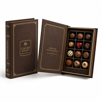 Boîte cadeau de luxe marron en carton rigide gris 2,5 mm, forme livre, papier similicuir 120 g/m², gaufrage vintage doré, séparateur, chocolat