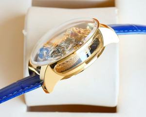 Reloj Mecánico Automático de Alta Gama con Correa de Cuero Azul, Movimiento Tourbillon, Diseño Artístico de Dragón - Product Image 4