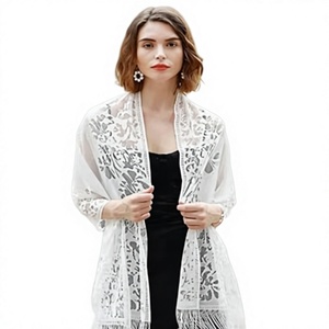 Women White Lace Shoulder <b>Shawl</b> Floral Design Fringe <b>Wrap</b> Scarf for Wedding Evening Party Dress and Elegant Outfit - Product Image 3