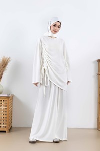 Ensemble 2 pièces pour femmes musulmanes modestes haut <span class=keywords><strong>tunique</strong></span> froncé à cordon et jupe trapèze personnalisable - Product Image 5