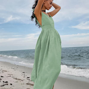 <span class=keywords><strong>Robe</strong></span> <span class=keywords><strong>mi</strong></span>-<span class=keywords><strong>longue</strong></span> décontractée pour femme en coton et lin <span class=keywords><strong>kaki</strong></span> vintage, sans manches, à bretelles, taille haute avec lien, collection automne - Product Image 3