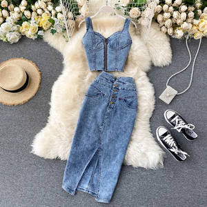 New Women's Sense Short Halfter Unterhemd High Waist Slit Halbkörper rock Casual Denim 2-teiliges Set Sehe Fashion - Product Image 5