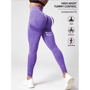 Custom Logo Women Fitness Wash Acid Frosted Scrunch Butt Leggings femininas High Waist Tummy Control Gym Yoga Pants