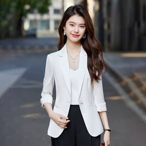 Women's Green Blazer Three Quarter Sleeve Solid Color Polyester Breathable Casual Korean Style Suit Jacket for Petite Women - Product Image 3