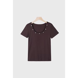 SUHE TS-026 Women's U-<b>neck</b> Short Sleeve T-shirt Mocha Cotton Knitted Breathable Slim Fit Top - Product Image 5