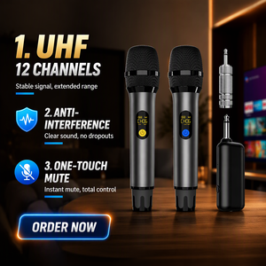 Çift UHF Kablosuz El Tipi Mikrofon Sistemi Metal Gövde 18650 Pil 12 Kanal Karaoke İçin - Product Image 1