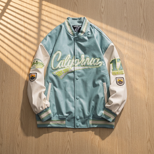 LOW MOQ Embroidered Varsity <b>Jacket</b> <b>Men's</b> Light Blue White Sleeve Casual Spring Baseball Bomber Coat with Patch Designs - Product Image 1