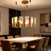 Lustre moderne de luxe en onyx, suspension en laiton doré, éclairage LED, télécommande, abat-jour en albâtre anti-éblouissement, pour salon et salle à manger