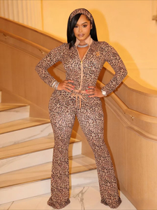 Ensemble pantalon et haut court zippé à manches longues imprimé léopard, coupe ajustée, style décontracté hip-hop, nouvelle collection 2026, vente en gros - Product Image 3