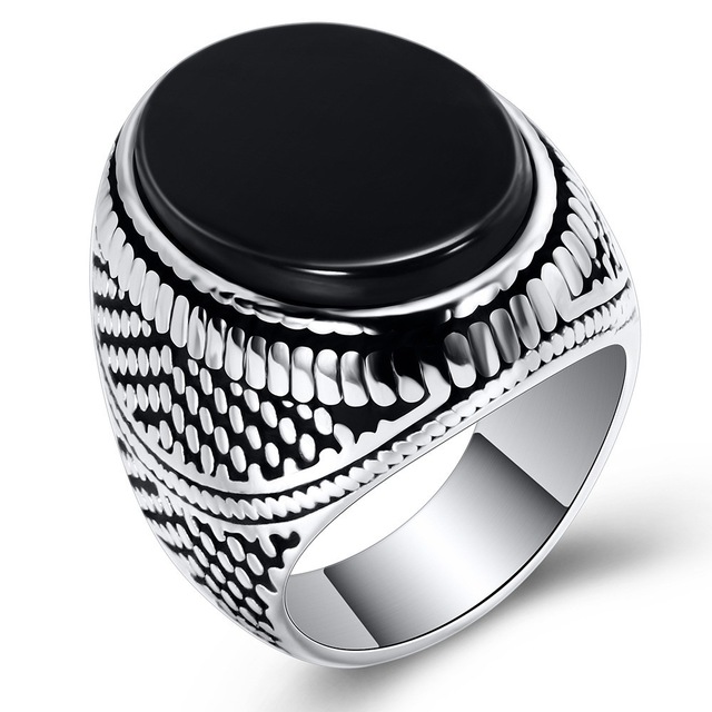 Turkish Jewelry Black Ring Men Light-weight 6g Stainless Silver Mens Rings Natural Agate Stone Vintage Cool Fashion