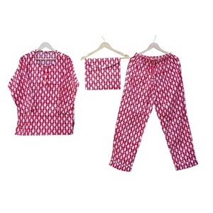 Ensemble de pyjama pour femmes en coton 100% imprimé géométrique rouge, manches longues, col rond, taille élastique, vêtements de nuit décontractés, vêtements de printemps pour femmes - Product Image 1