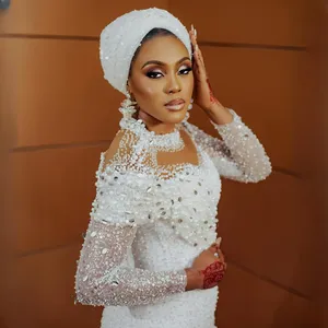 Vestidos de Novia Sirena Talla Grande Aso Ebi, Vestidos de Novia con Cuello Alto, <span class=keywords><strong>Lentejuelas</strong></span>, Encaje y Perlas Decorativas para Bodas Africanas - Product Image 6