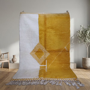 Tapis Beni Ourian, tapis géométrique en laine et acrylique, rectangulaire, réversible, en peluche, fait main, décoration de salon, jaune et blanc, avec franges - Product Image 2