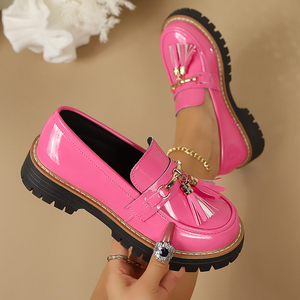 Mocasines <span class=keywords><strong>de</strong></span> mujer color rojo <span class=keywords><strong>vino</strong></span> con borlas, plataforma, suela <span class=keywords><strong>de</strong></span> goma, estilo preppy vintage para campus, oficina o uso casual. - Product Image 6
