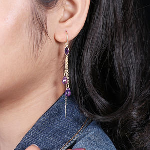 New Arrival Beautiful Natural Amethyst Gemstone Gold Plated 925 <b>Sterling</b> <b>Silver</b> <b>Drop</b> Threader <b>Earring</b> - Product Image 3
