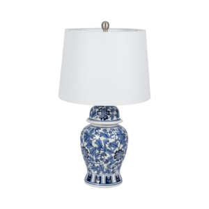 Lampada da Tavolo in Ceramica con Motivi Floreali Tradizionali, Decorazione Chinoiserie Blu e Bianca per Camera da Letto e Soggiorno - Product Image 1