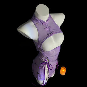 Nouvelle Collection Grande Taille : Lingerie Violette Élégante et Séduisante Style Ancien, Nuisette Cheongsam Sexy et Révélatrice, Uniforme de Nuit Tentation - Product Image 2