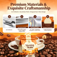 Sachet de café moderne illustré à fond plat, refermable, avec fermeture éclair sur huit côtés, finition mate, pour l'emballage de grains de café de spécialité